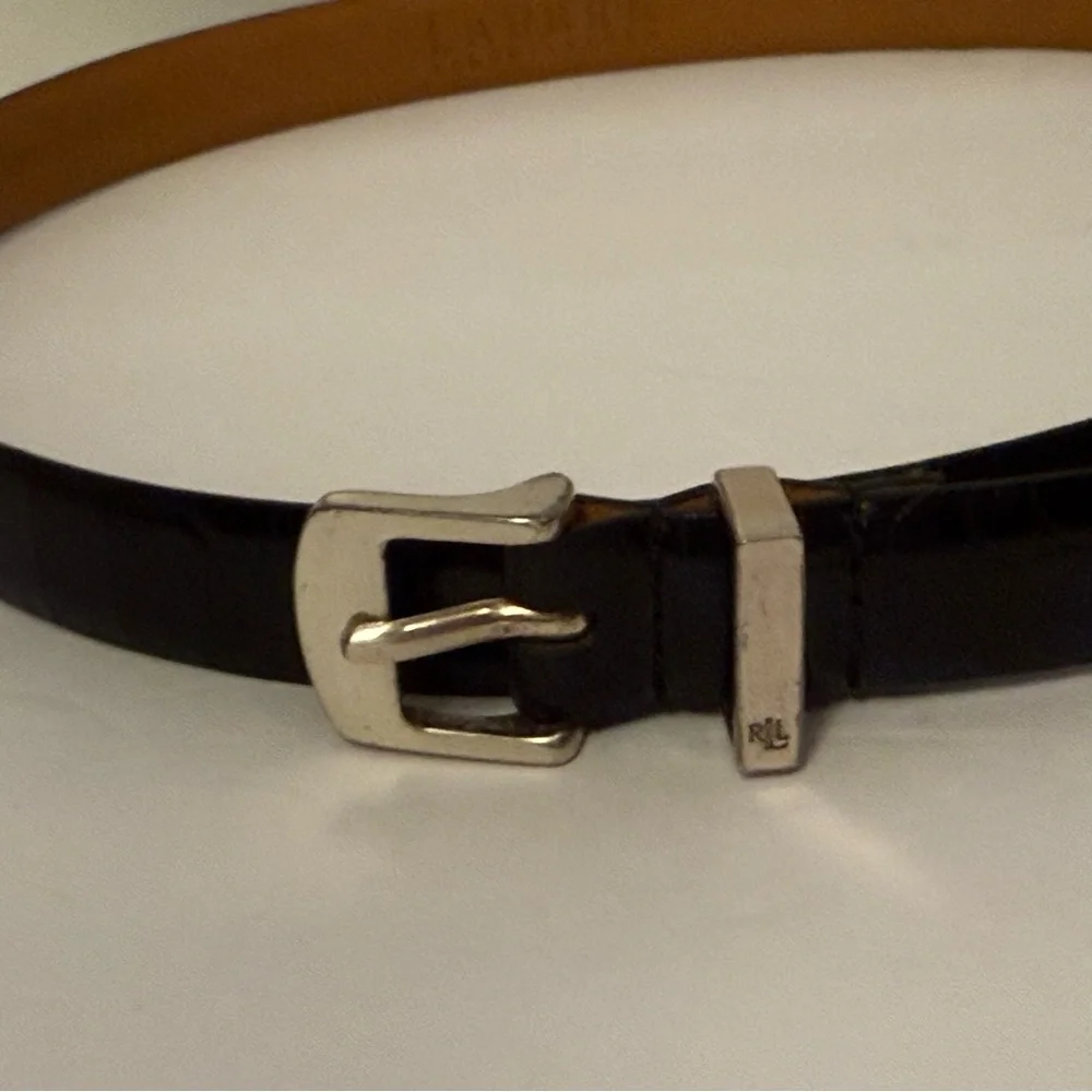 LAUREN RALPH LAUREN LRL BELT BLACK LEATHER CROC LOOK SILVER TONE BUCKLE SKINNY S
